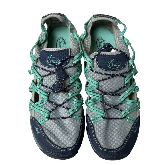 Chaco Womens Trail Shoes 10.5 Gray Teal Mesh Hiking Sneakers Adventure Outdoor‎ - Picture 1 of 16